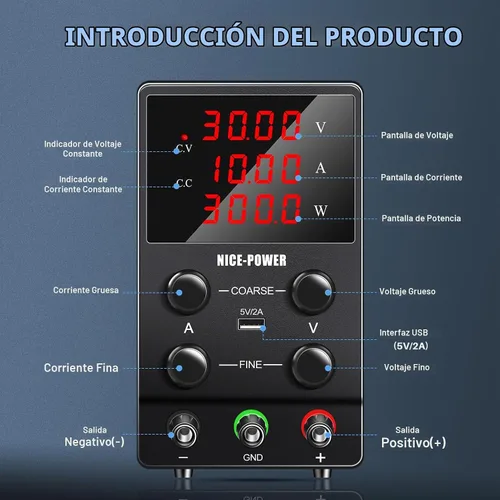 Vista 3 de NICE-POWER Fuente de alimentación CC variable: 30V 10A Fuente de alimentación de conmutación ajustable regulada de alta precisión con pantalla LED