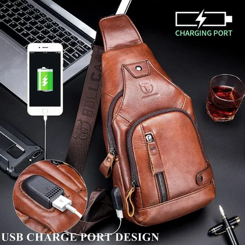 Vista 5 de BULLCAPTAIN Bolso bandolera para hombre con puerto de carga USB, de piel auténtica, para el pecho, mochila de viaje y senderismo