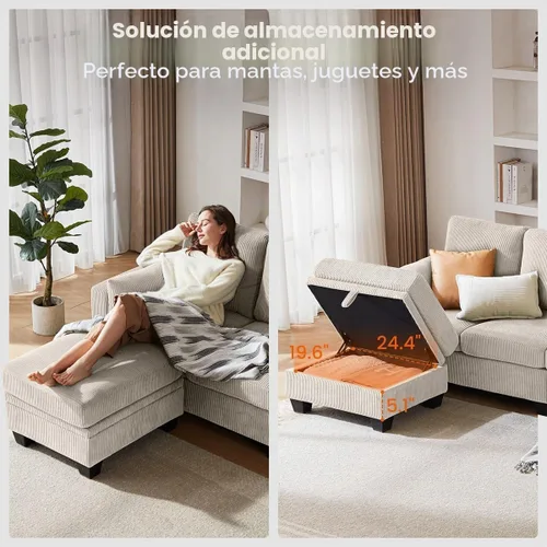 Vista 6 de CHIC HOUSE Sofá modular modular con otomanas de almacenamiento, sofá nube de pana para espacios pequeños y apartamentos, sofá esquinero convertible
