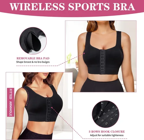 Vista 3 de MICOHPKLE Sujetador deportivo para mujer, sin mangas, sin mangas, con relleno, cierre frontal ajustable, brasier de compresión