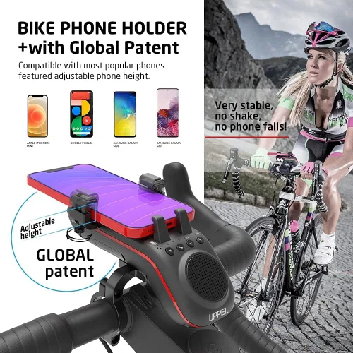 Vista 4 de UPPEL Altavoz Bluetooth para bicicleta, soporte multifuncional para teléfono de bicicleta 10 en 1, luz LED, bocina de bicicleta, micrófono, ideal