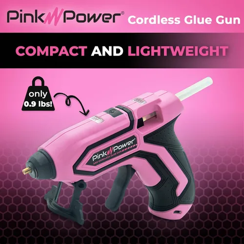 Vista 3 de Pink Power Mini kit de pistola de pegamento caliente inalámbrica con soporte, 20 varillas, funciona con pilas, inalámbrico, calentamiento rápido