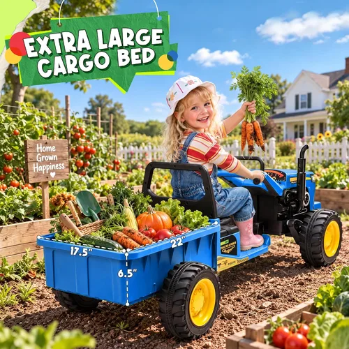 Vista 3 de Tractor de paseo para niños de 24 V con caja de carga grande para Azul