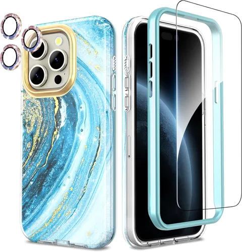 Vista 9 de SHEDEER Funda para iPhone 15 Pro con protector de cámara con purpurina y protector de pantalla, patrón elegante y antiamarillamiento, protección
