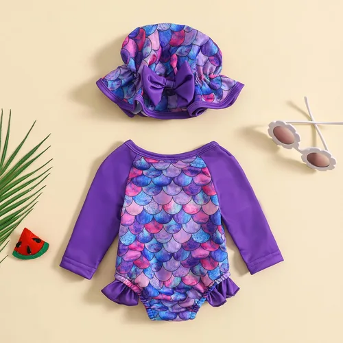 Vista 17 de Traje de baño de una pieza con cremallera de manga larga para bebé niña con gorro