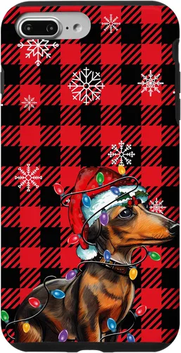 Vista 12 de iPhone 16 Dachshund Christmas Phone Case Red Plaid Pattern Christmas Lights Case