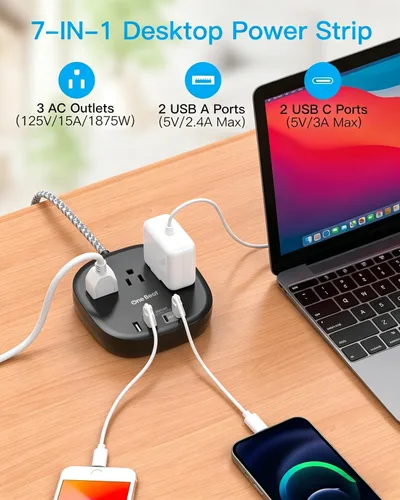 Vista 2 de Cruise Ship Travel Essentials, tira de alimentación de enchufe plano de 22.5 W/4.5 A, cable de extensión plano de 3 pies, 3 tomas de corriente, 4