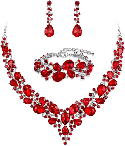 Vista 13 de BriLove - Juego de joyas de boda con cristales austriacos, collar, aretes y pulsera para mujer 01-Tono plateado transparente