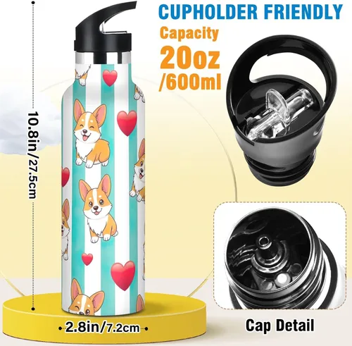 Vista 2 de Kids Water Bottle with Straw for School, Kids Stainless Steel Vacuum Insulated Water Bottle for Travel or School 20 Oz, BPA-Free, Cute Dogs Aqua