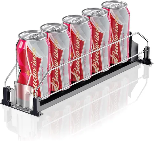 Vista 16 de Organizador de Bebidas para Refrigerador, 12oz 16oz 20oz - Dispensador de Latas de Refresco para Refrigerador, Ancho Ajustable, Deslizador Negro