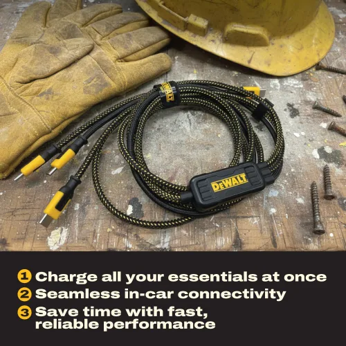 Vista 10 de DEWALT Divisor inteligente USB-C a USB-C de 100 W - Transferencia de datos y carga rápida, salida de 1 a 3, reforzado con Kevlar, 6 pies de servicio