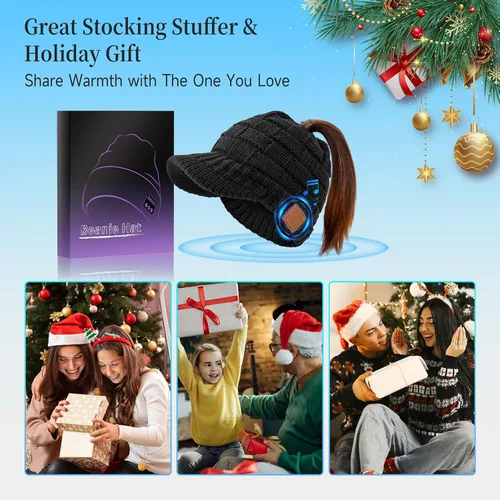 Vista 7 de Gorro Bluetooth para mujer con agujero para cola de caballo, gorro con auriculares integrado, micrófono integrado, regalos para mujer, W2-negro
