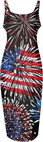Vista 4 de ZEFOTIM Vestido del 4 de julio para mujer, sexy, sin mangas, con tirantes delgados, cuello en U, entallado, midi, casual, verano, bandera