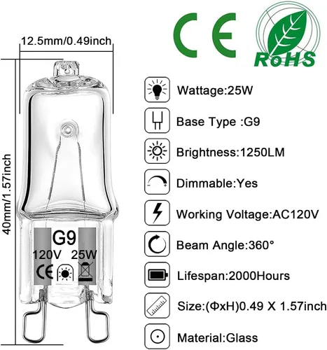 Vista 2 de Bombilla halógena G9 de 25 W, 120 V, regulable, tipo T4 JCD (paquete de 12 unidades), base G9, blanco cálido, 2700 K, xenón, pequeña bombilla