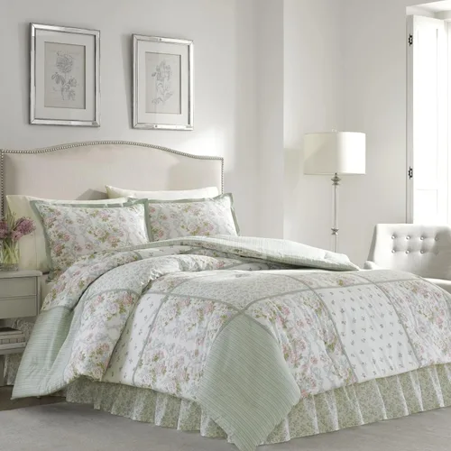 Vista 4 de Laura Ashley - Juego de edredón matrimonial, ropa de cama de algodón reversible con fundas a juego y falda de cama, elegante decoración del hogar