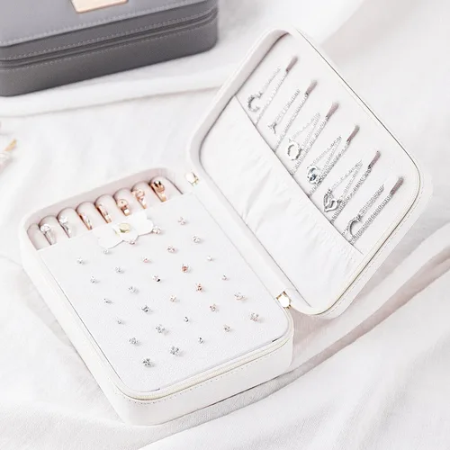 Vista 4 de SANQIANWAN Joyero de viaje de cuero de lujo para mujer, estuche de viaje portátil, anillos, aretes, collar, organizador multifuncional, regalo