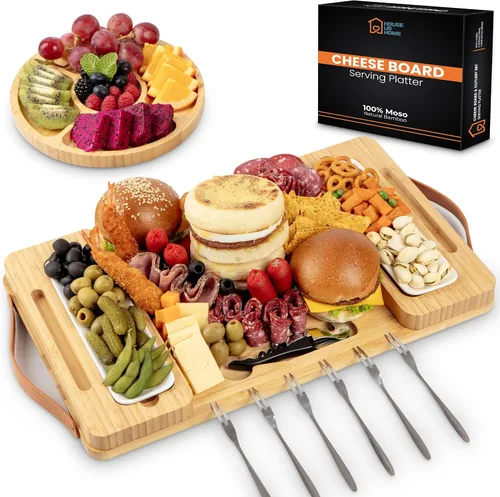 Vista 9 de Juego de tablas de charcutería de bambú con bandejas laterales magnéticas extraíbles, bandeja para frutas, asas, caja lista para cubiertos y regalos