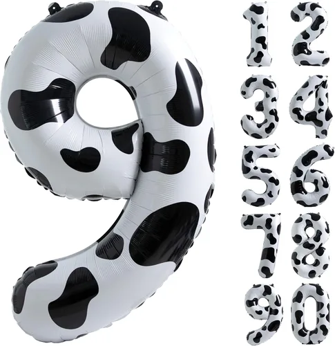 Vista 17 de Suministros de decoración de cumpleaños de globos con estampado de vaca, globo número 0 de 40 pulgadas, decoraciones de fiesta de cumpleaños
