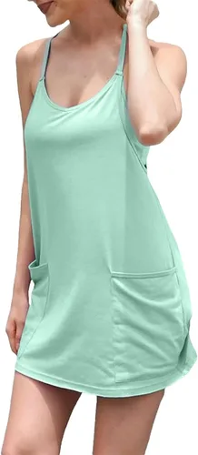 Vista 5 de UNIANKIYA Enterizo de entrenamiento para mujer con pantalones cortos debajo, sin mangas, tirantes delgados, trajes atléticos, trajes casuales