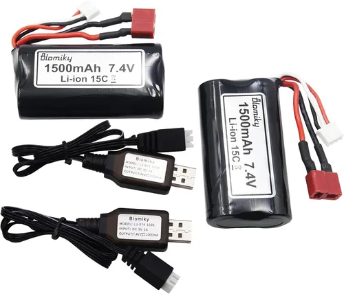 Vista 5 de Blomiky Paquete de 2 baterías recargables de iones de litio de 7.4V 1500mAh 15C con conector de enchufe T y cable USB para camión RC de alta