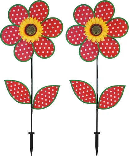 Vista 10 de Molinete con hojas de girasol púrpura "En la Briza" de 19 pulgadas. Incluye estaca para el suelo. Colorida flor para tu patio y jardín, 12", Rojo