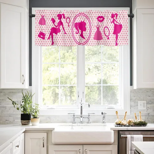 Vista 2 de Cenefa de ventana rosa para mujer, para sala de estar, cortina para dormitorio, baño, tratamiento de ventana con bolsillo para barra, decoración