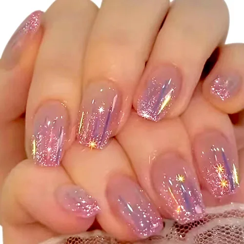 Vista 32 de Uñas postizas a presión de almendra, uñas postizas medianas con diseños de estampado francés de lámina dorada 3D, pegamento dorado Starlight en uñas