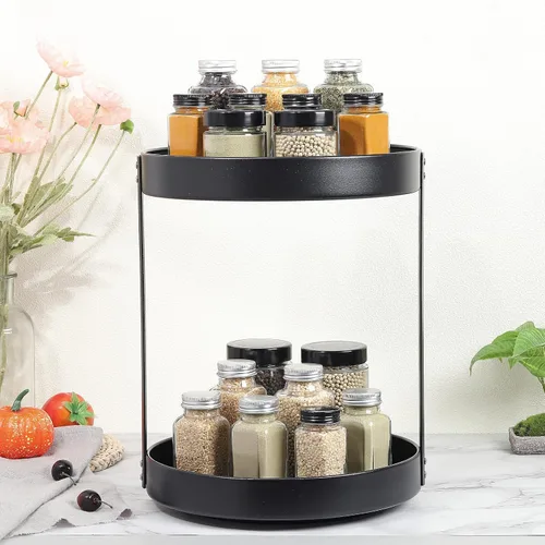 Vista 5 de uxcell Lazy Susan - Organizador giratorio de 2 niveles, estantes de especias de metal, organizadores de condimentos para gabinete, despensa, cocina