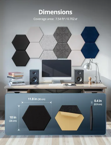 Vista 9 de Paneles de pared acústicos hexagonales autoadhesivos, paquete de 18 azulejos absorbentes de sonido para paredes y puertas, panel interior decorativo