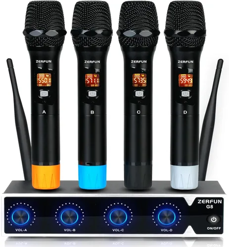 Vista 10 de Sistema de micrófono inalámbrico profesional de 4 canales, auriculares de mano inalámbricos de metal UHF, micrófonos de solapa para cantar karaoke