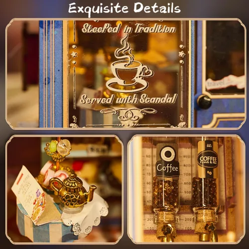 Vista 3 de Kit de rincón de libros, casa de té británica en miniatura, rompecabezas de madera 3D con luces LED, soporte para libros pequeño y decoración