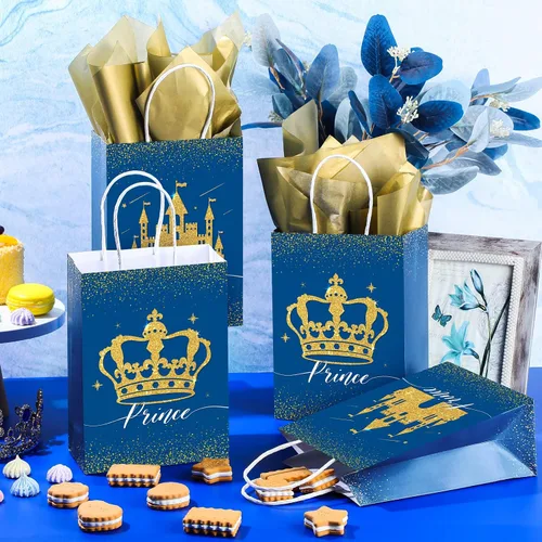 Vista 3 de Nezyo 16 bolsas de recuerdo de fiesta de princesa príncipe con asas y papel de seda, bolsas de regalo para cumpleaños, baby shower, regalos