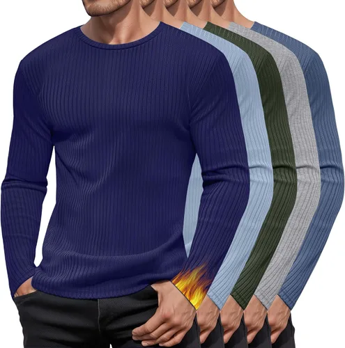 Vista 9 de Paquete de 5 camisas térmicas de algodón para hombre, manga larga, acanaladas, cuello redondo, ajustadas, suéter casual