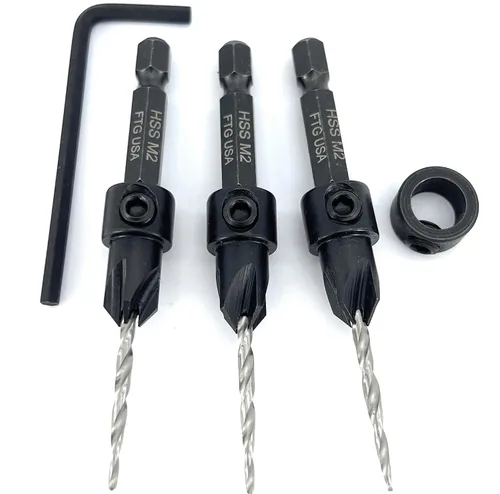 Vista 6 de FTG USA Juego de 3 brocas avellanadoras ajustables para madera #4 (7/64 pulgadas) con broca cónica para carpintería