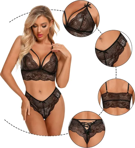 Vista 6 de RSLOVE Conjunto de lencería sexy para mujer conjunto de brasier y bragas de encaje de 2 piezas