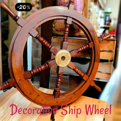 Vista 3 de Bhartiya Handicrafts Rueda de barco náutico para decoración de pared, volante de barco pirata de madera rústica con cubo de latón, rueda de capitán