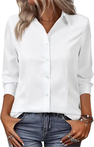 Vista 17 de siliteelon Camisas de vestir con botones para mujer, camisas de vestir de manga larga, algodón de corte clásico