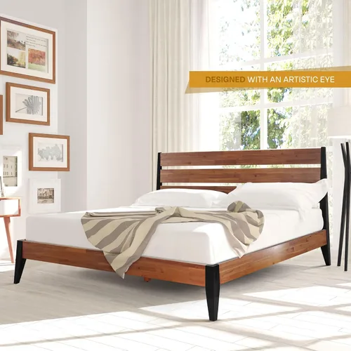 Vista 5 de Acacia Emery - Marco de cama con cabecero, cama de plataforma de madera 100% maciza, estilo de cama escandinavo con todos los colchones Americano