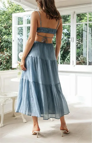 Vista 5 de Vestido largo, informal de verano, estilo bohemio, al tobillo, sin mangas, con lazo, mucho vuelo y bonita caída, de playa para vacaciones, para mujer