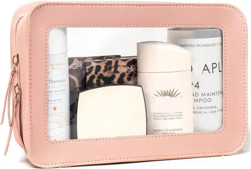 Vista 4 de Paquete de 2 bolsas de maquillaje transparentes para viaje, neceser aprobado por la TSA con cremallera, pequeñas bolsas de maquillaje para mujeres