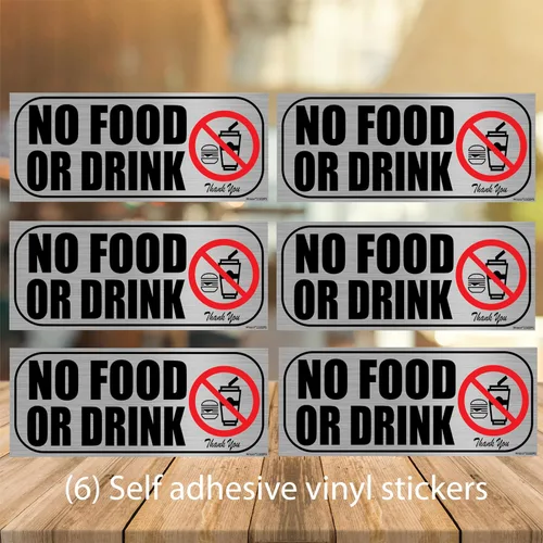 Vista 2 de Paquete de 6 calcomanías de vinilo autoadhesivo No se permiten alimentos o bebidas, letrero de vinilo autoadhesivo para interiores o exteriores
