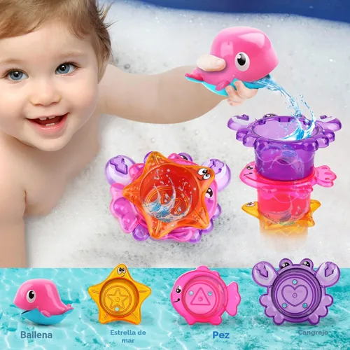 Vista 5 de Dwi Dowellin Juguete de baño para niños pequeños, juguete de bañera con juguetes de natación flotantes sin moho y tazas apilables, juego de pesca