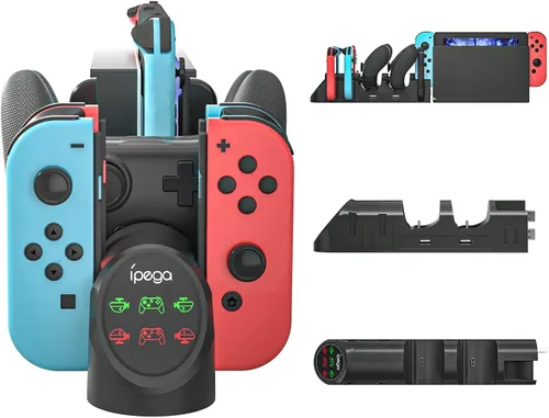 Vista 2 de Base de carga para controladores Nintendo Switch - Estación de carga rápida 6 en 1 para 4 Joy-Cons y 2 controladores Pro - Organizador compacto