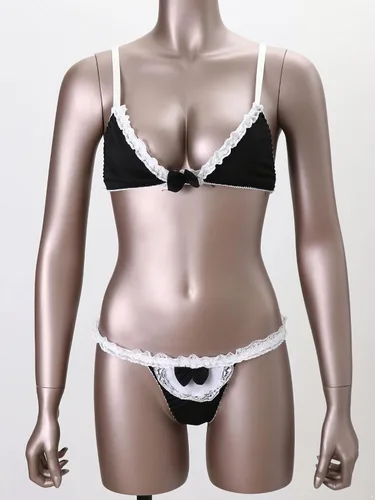 Vista 3 de dPois Womens Lace Trim Strappy Bra Tops with G-String Briefs Maid Cosplay Bikini Set