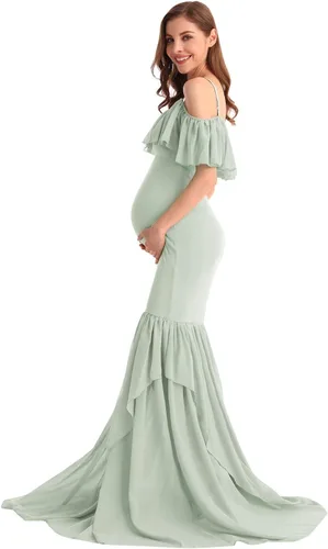 Vista 4 de MYRISAM Vestido de maternidad con volantes y hombros descubiertos para mujer, vestido de fiesta de sirena de gasa, vestido ajustado