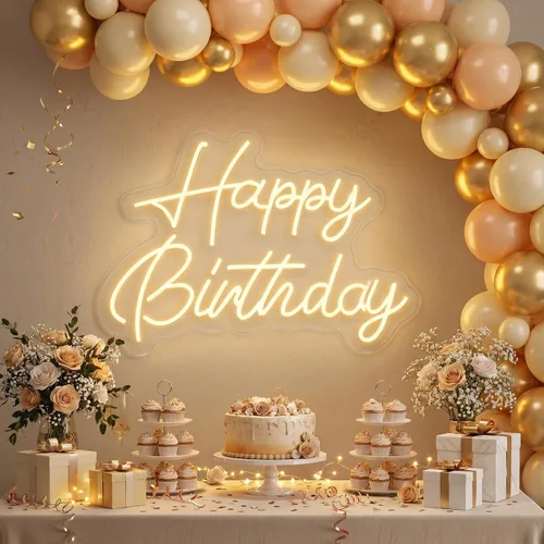 Vista 11 de Letrero de neón de feliz cumpleaños, letrero LED acrílico, letras iluminadas, letreros LED de neón para decoración de pared, telón de fondo
