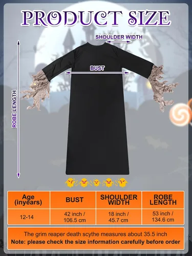 Vista 3 de Disfraz de parca sombría para niños con ojos rojos brillantes, Halloween, cosplay, guadaña de la muerte, accesorios para disfraz de miedo, vestido