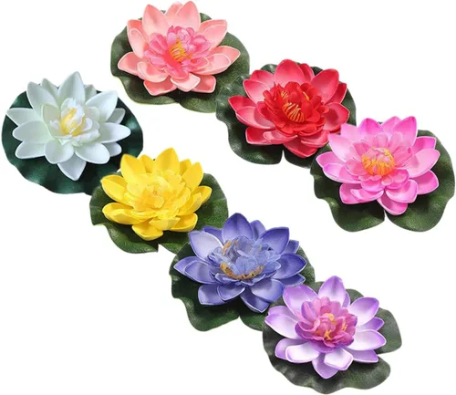 Vista 5 de 7 piezas de flores de loto flotantes artificiales para decoración de piscina, decoración de loto de agua, adornos falsos de lirio de agua