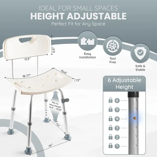 Vista 3 de Dr. Kay's Silla de ducha de altura ajustable para ducha interior, taburete de baño resistente de 350 libras para bañera, banco de baño de seguridad