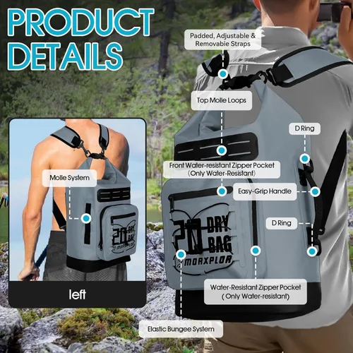 Vista 60 de MORXPLOR Bolsa seca impermeable, 5L/10L/20L/30L/40L/55L Mochila seca con funda impermeable para teléfono para natación, kayak